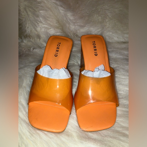 Torrid Sandal Orange Lucite Clear Heels Wedge Mule Slide - Picture 10 of 11
